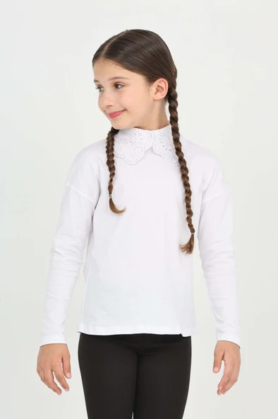 Toontoy Kız Çocuk Okul Dantel Yaka Tişört - 5