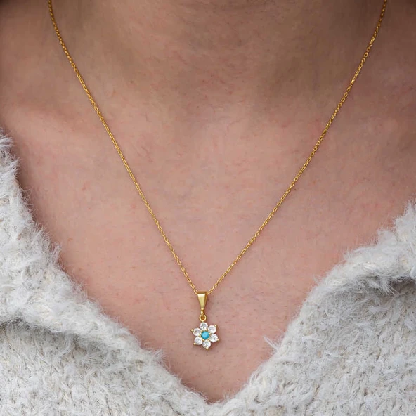 Gümüş Mavi Taşlı Gold Çiçek Kadın Kolye - Resim 4