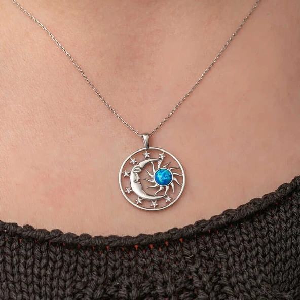 Gümüş Opal Mavi Taşlı Ay Güneş Kadın Kolye - Resim 5