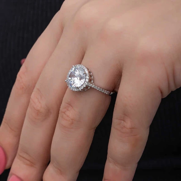 Gümüş Yuvarlak Montür Tek Taş Kadın Yüzük - Resim 5