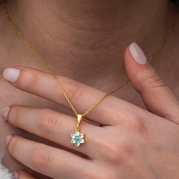 Gümüş Mavi Taşlı Gold Çiçek Kadın Kolye - Resim 2