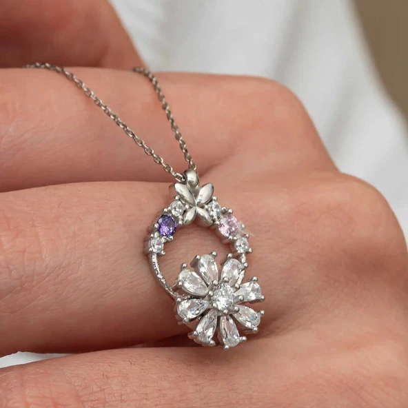 Gümüş Beyaz Dönen Çiçek Kadın Kolye - Resim 2