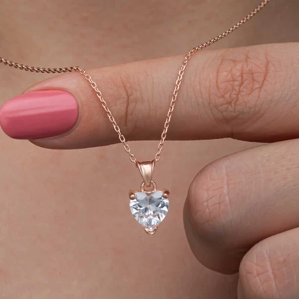 Gümüş Rose Beyaz Taşlı Kalpli Kadın Kolye ürün görseli