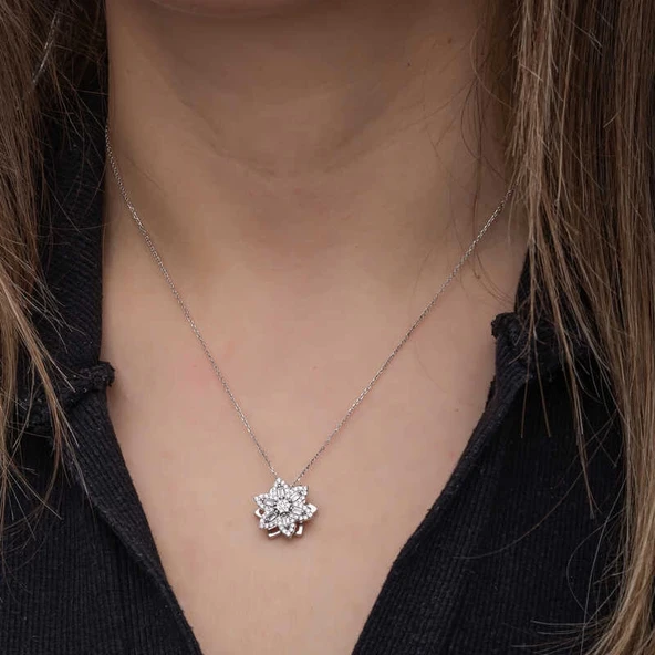 ​Gümüş Yıldız Baget Taşlı  Dönen Stres Kadın Kolye - Resim 5