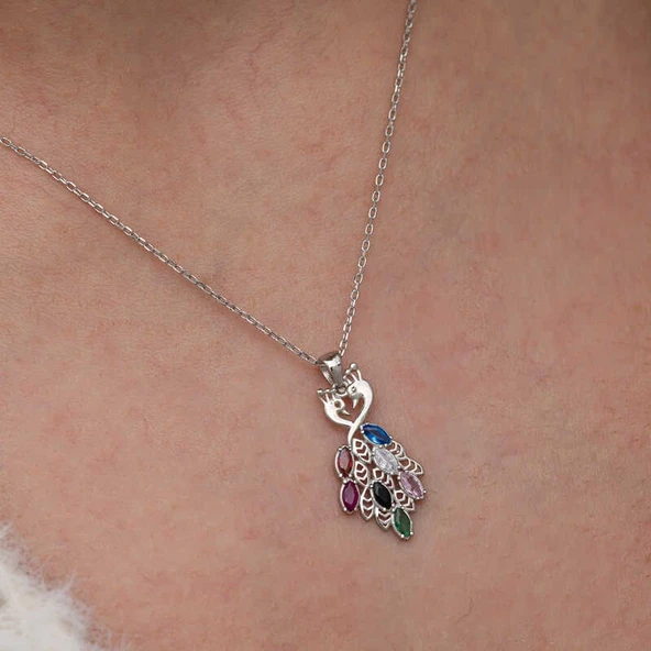 Gümüş Renkli Taşlı Tavus Kuşu Kadın Kolye - Resim 5