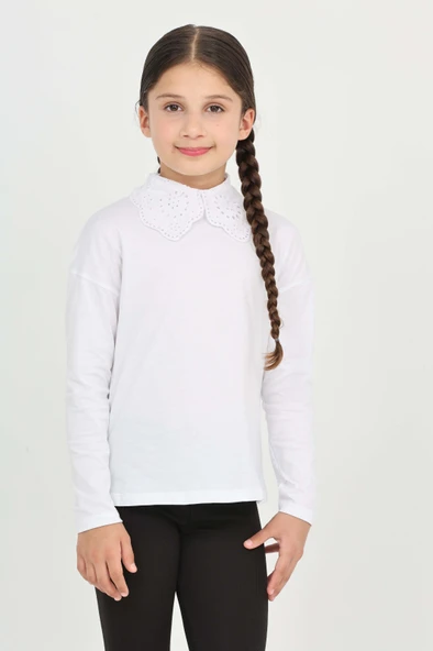 Toontoy Kız Çocuk Okul Dantel Yaka Tişört - 4