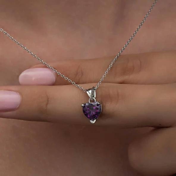Gümüş Mor Taşlı Kalpli Kadın Kolye - Resim 5