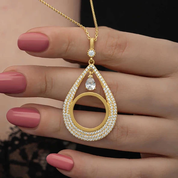 Gümüş Gold Kaplama Damla Çeyrek Takılabilen Kadın Kolye - Resim 2