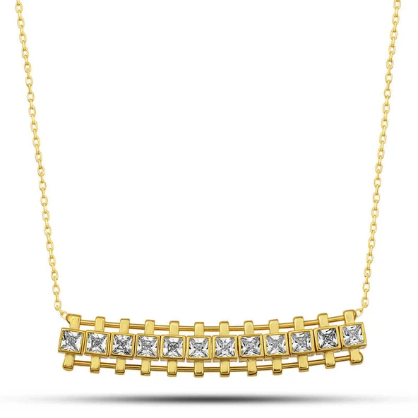 Gümüş Gold Zirkon Taşlı Kare Bar Kadın Kolye ürün görseli