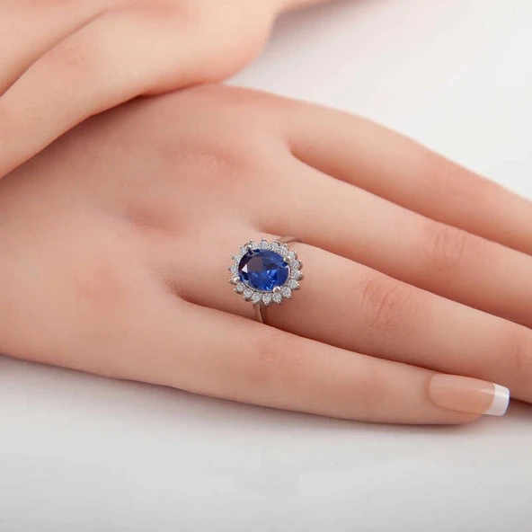 Gümüş Mavi Taşlı Oval Kadın Yüzük - Resim 3