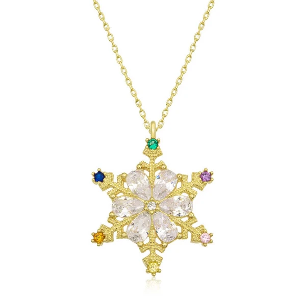 Gümüş Gold Renkli Taşlı Kar Tanesi Kadın Kolye ürün görseli