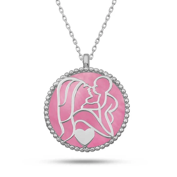 Gümüş Pembe Sedef Taşlı Anne Çocuk Sevgisi Kolye ürün görseli