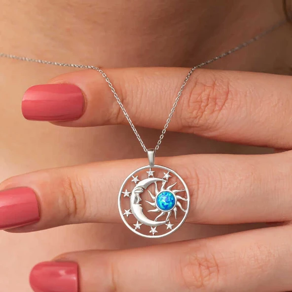 Gümüş Opal Mavi Taşlı Ay Güneş Kadın Kolye - Resim 2