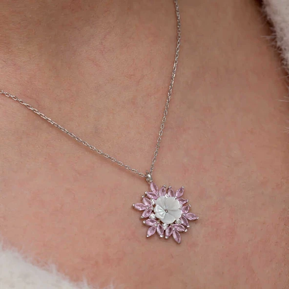 Gümüş Pembe Lotus Desenli Çiçek Kadın Kolye - 6