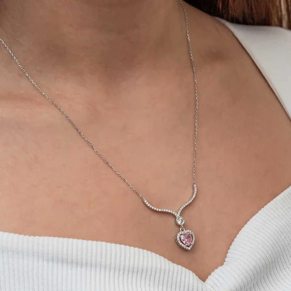 Gümüş Pembe Zirkon Taşlı Kalp Kadın Kolye - Resim 4
