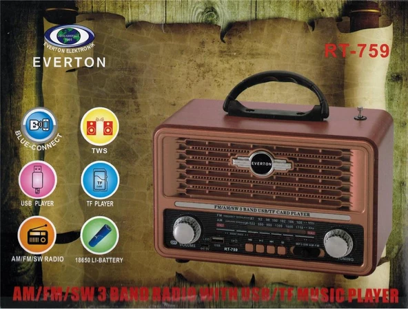Everton Rt-759  Bluetooth Fm-Usb-Tf-Aux  Şarjlı Nostaljik Radyo ürün görseli