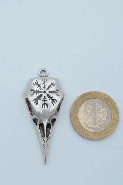 Kuzgun Kafatası - Vegvisir  Gümüş Kaplama Deri İp Kolye - Resim 4