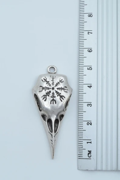 Kuzgun Kafatası - Vegvisir  Gümüş Kaplama Deri İp Kolye - Resim 3
