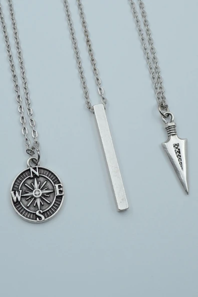 3'lü Triagle Ok Ucu Çubuk Prizma Pusula Gümüş Kaplama Kolye Seti ürün görseli 1