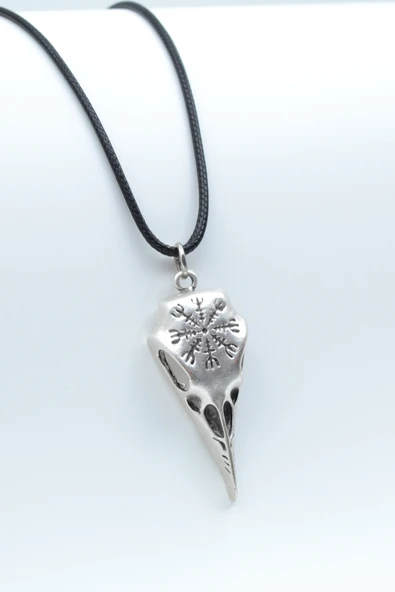 Kuzgun Kafatası - Vegvisir  Gümüş Kaplama Deri İp Kolye ürün görseli 1