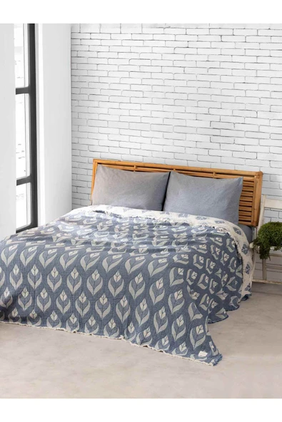MYLASA HOME Müslin 4 Katlı Küçük Yaprak Desenli (JAKARLI) Çift Kişilik Yatak Örtüsü-yazlık Pike 240x260cm - 1