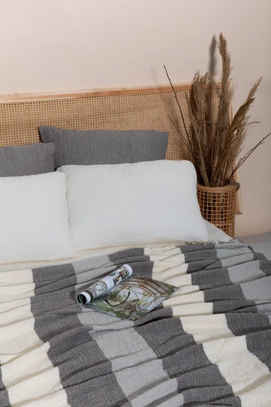 MYLASA HOME MylasaHome Çift Kişilik 4 Katlı Müslin Kalın Çizgili Yatak Örtüsü-Tv Battaniyesi 220x240 - 3