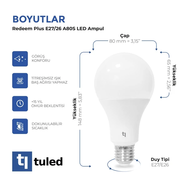 Tuled Redeem Plus A80S E27 LED Ampul, Titreşimsiz, Göz Konforu, Tekli - 3