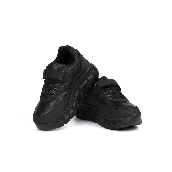 Unisex Çocuk Siyah Bağcıklı Cırtlı Sneaker Rahat Spor Ayakkabı - Resim 2