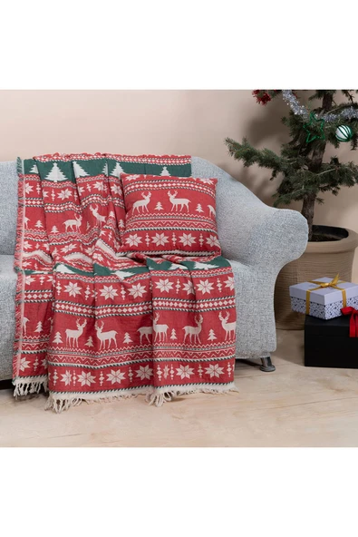 MYLASA HOME %100 Pamuk Yılbaşı Throw & Yılbaşı Kırlent Seti - 3