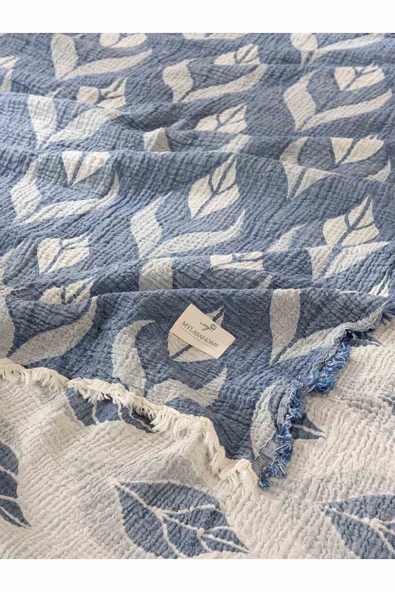 MYLASA HOME Müslin 4 Katlı Küçük Yaprak Desenli (JAKARLI) Çift Kişilik Yatak Örtüsü-yazlık Pike 240x260cm - 2