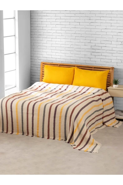MYLASA HOME Müslin 4 Katlı Çizgili Yatak Örtüsü Çift Kişilik 220x240cm - 1