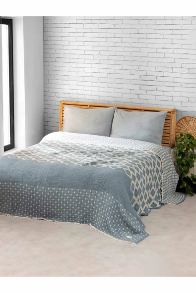 MYLASA HOME Çift Kişilik Etnik Desenli %100 Organik Pamuk Müslin Yatak Örtüsü - 1