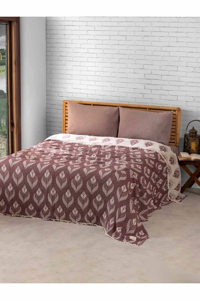 MYLASA HOME Çift Kişilik Küçük Yaprak Desenli %100 Organik Pamuk Müslin Yatak Örtüsü - 1