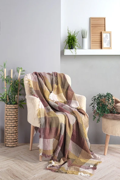 MYLASA HOME MylasaHome %100 Pamuk Ekose Desenli Çok Amaçlı Koltuk Şalı 130 x 170 (Kırlentsiz) - 3