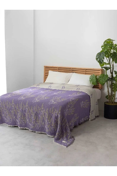 MYLASA HOME Çift Kişilik Lavanta Desenli %100 Organik Pamuk Müslin Yatak Örtüsü - 1