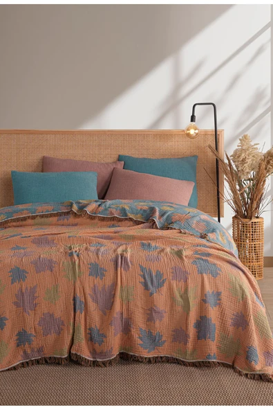 MYLASA HOME 4 Katlı Müslin Çınar Yaprağı Desenli Yatak Örtüsü 240 x 260 - 1
