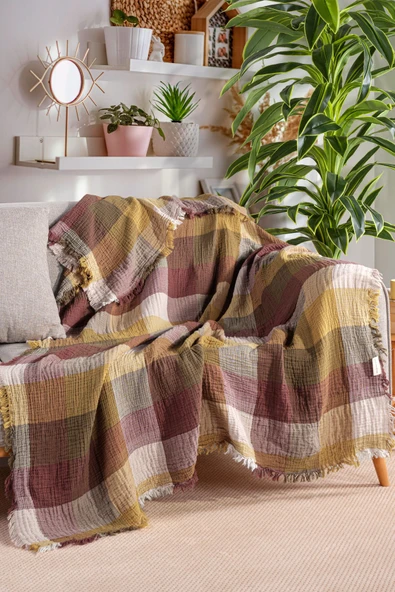 MYLASA HOME MylasaHome %100 Pamuk Ekose Desenli Çok Amaçlı Koltuk Şalı 130 x 170 (Kırlentsiz) - 1
