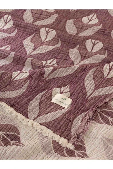 MYLASA HOME Çift Kişilik Küçük Yaprak Desenli %100 Organik Pamuk Müslin Yatak Örtüsü - 2