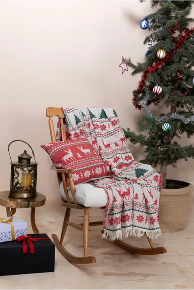 MYLASA HOME %100 Pamuk Yılbaşı Throw & Yılbaşı Kırlent Seti - 1