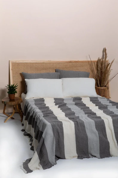 MYLASA HOME MylasaHome Çift Kişilik 4 Katlı Müslin Kalın Çizgili Yatak Örtüsü-Tv Battaniyesi 220x240 - 1
