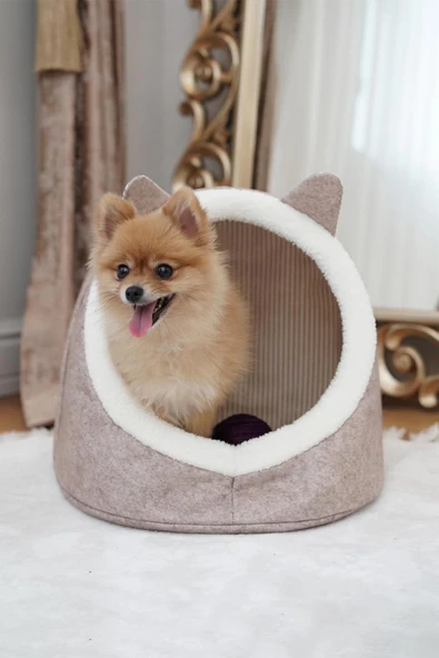 Alas Keçe Kedi Ve Köpek Evi Yatağı Bej Paspas Hediyeli - 3