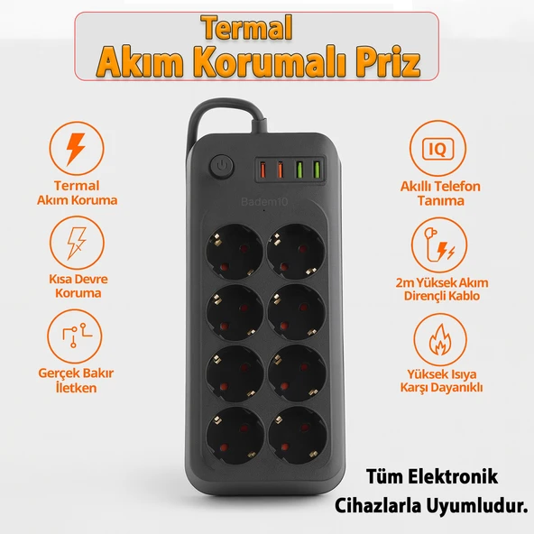 8 Prizli 4 USB Girişli Akım Korumalı Topraklı Golyat Grup Şarj Fiş Priz 2 Metre Uzatma Kablosu - Resim 2
