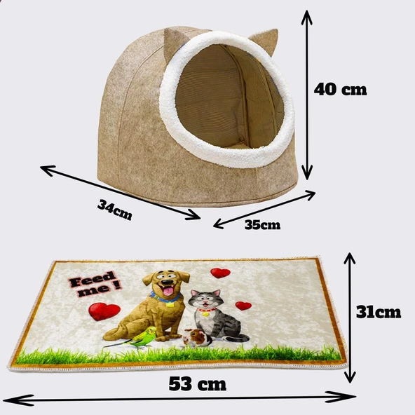 Alas Bej Keçe Kedi ve Köpek Evi Yatağı-Mama Kabı 2 Kaseli Kedi-Köpek Suluk, Mamalık Paspas Seti - 2