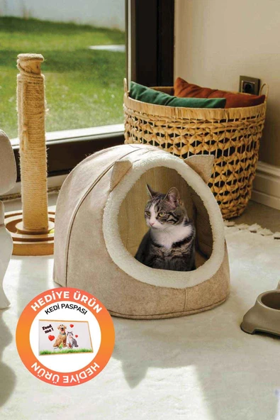 Alas Keçe Kedi Ve Köpek Evi Yatağı Bej Paspas Hediyeli