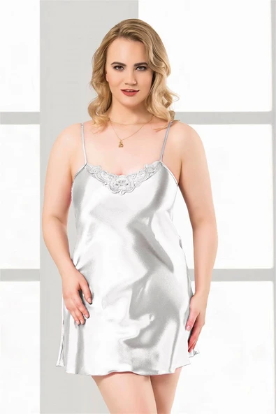 Bicomi Büyük Beden Beyaz Kısa Saten Gecelik ürün görseli