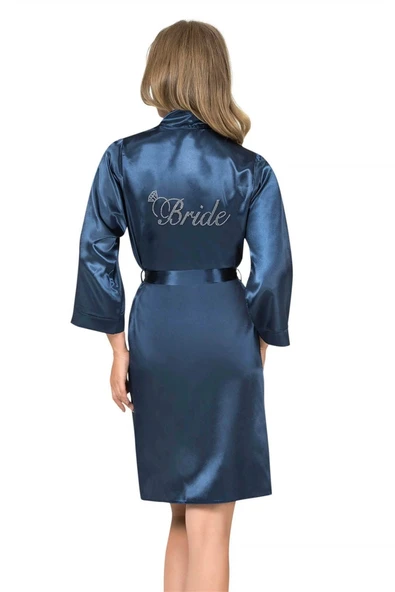 Bicomi Lacivert Kısa Saten Bride Sabahlık - 1