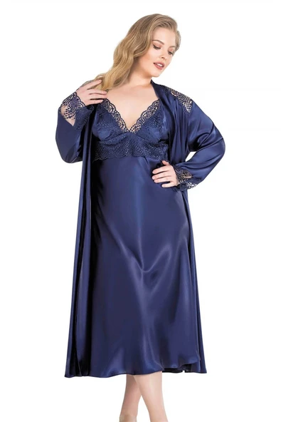 Bicomi Büyük Beden Lacivert Uzun İkili Saten Sabahlık Gecelik Takımı ürün görseli