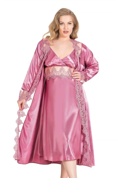 Bicomi Büyük Beden Gül Kurusu Uzun İkili Saten Sabahlık Gecelik Takımı ürün görseli