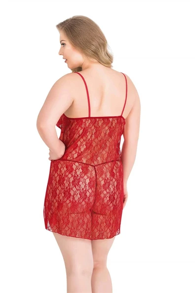 Bicomi Büyük Beden Kırmızı Kısa Tül Gecelik - Resim 2