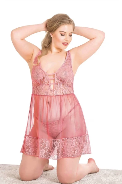 Bicomi Büyük Beden Mercan Kısa Tül Gecelik - Resim 3